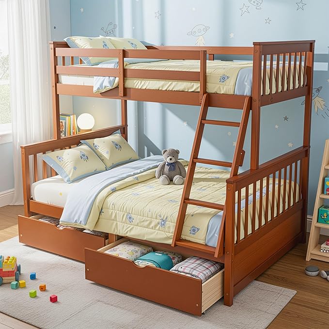 Merax Wood Bunk Bed with Drawers,Convertible Wood Bunk Bed with Ladders and Two Storage Drawers,Solid Wood Detachable Bed Frame with Ladders,Twin Over Full Size,Walnut