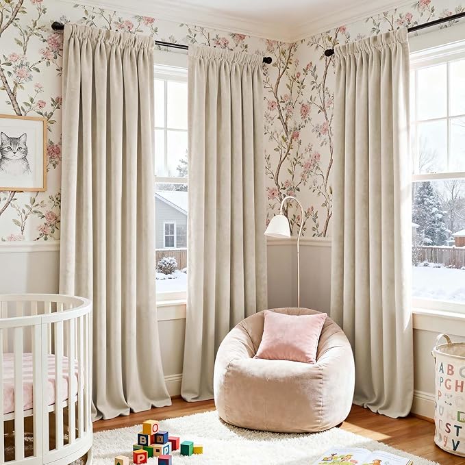 Lazzzy Velvet Blackout Curtains Thermal Insulated Room Window Drapes Super Soft Luxury Curtains for Living Room Bedroom Rod Pocket 2 Panels, Beige, 52" W x 108" L