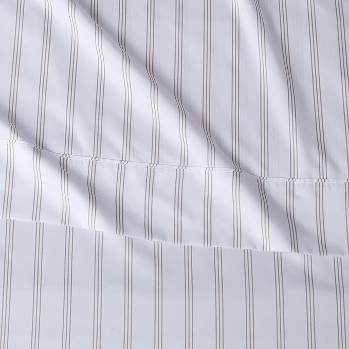 Amazon Basics Lightweight Super Soft Easy Care Microfiber 4 Piece Bed Sheet Set with 14-Inch Deep Pockets, Queen, Taupe Stripe, Striped