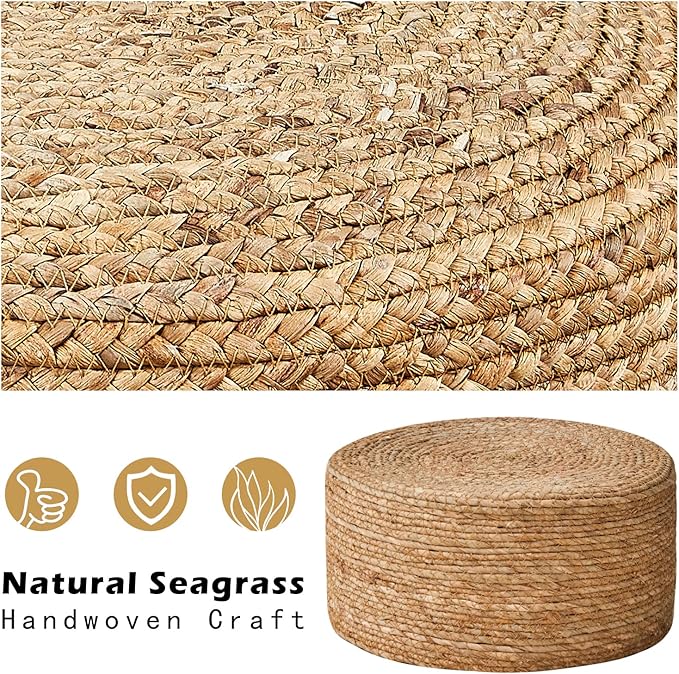 Wimarsbon Round Foot Stool Natural Seagrass Poufs Ottoman Hand Weave Footrest Stool for Couch Desk Extra Seat Step Stool with Solid Wood Legs for Hallway Patio Lounge Natural