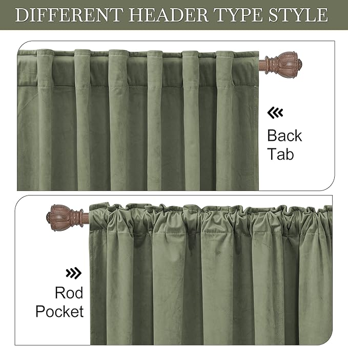 RYB Home Velvet Blackout Curtains for Bedroom - Super Soft Room Darkening Curtains Thermal Insulated Drapes Heat Block Window Panels for Living Room, Wide 62 x Long 84, Sage Green, 2 Panels
