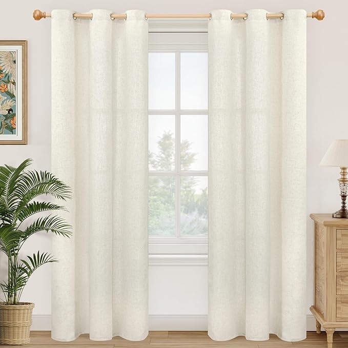 YoungsTex 84 Inches Length Linen Curtains for Living Room 2 Panels, Cream Semi Sheer Drapes with Grommet Light Filtering Window Treatments for Dining Bedroom, 42 X 84 Inch