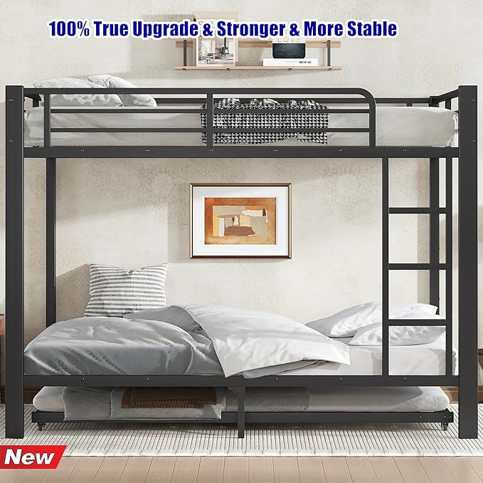 SIGONE Stronger & Safer Heavy Duty Full Over Full Bunk Bed with Twin Trundle for Adults Teens, Thickened More Stable Metal Bunkbed Frame (Greater Weight Capacity)