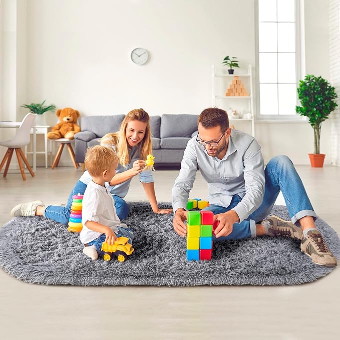 Noahas Fluffy Grey Rugs for Bedroom Living Room,2'X5' Oval Throw Rug for Kids Room,Shag Hallway Runner Rug,Small Soft Shaggy Bedside Non-Slip Plush Nursery Dorm Carpet Home Decor Aesthetic