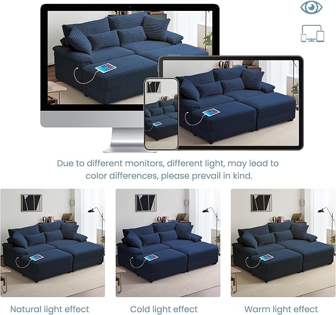 SUNWAVE 74" Double Chaise Lounge Chair Indoor, Loveseat with Storage Ottoman, Corduroy Small Couch with USB Charging, Removeable Ottoman, and Coffee Table Cushions for Living Room