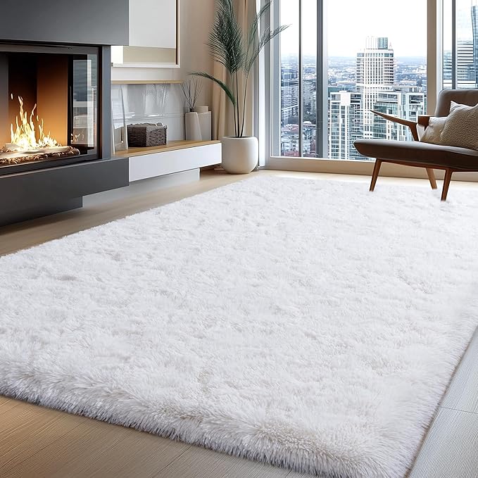 White Rugs for Living Room, Large Area Rug 6x9 Fluffy Shag Rug for Bedroom, Soft & Non Slip Fuzzy Thick Plush Carpet for Kids Room Dorm Home Decor
