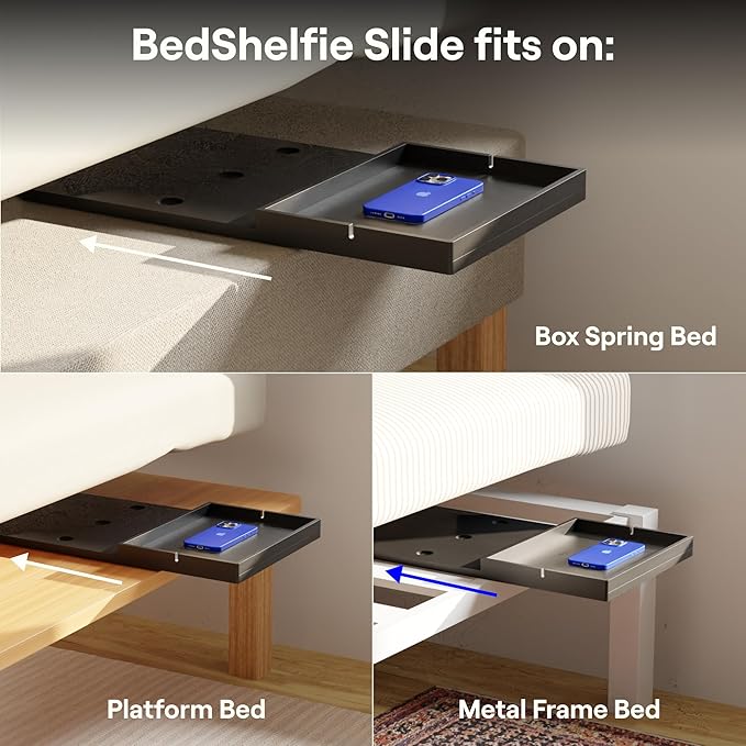 BedShelfie Bedside Shelf for Dorm Room Bunk Bed & Top Bunk, College Dorm Room Essentials, Bedside Caddy, Clip on Floating Desk Tray, Bed Side Table Storage, Loft Nightstand Decor - Black Wood Slide