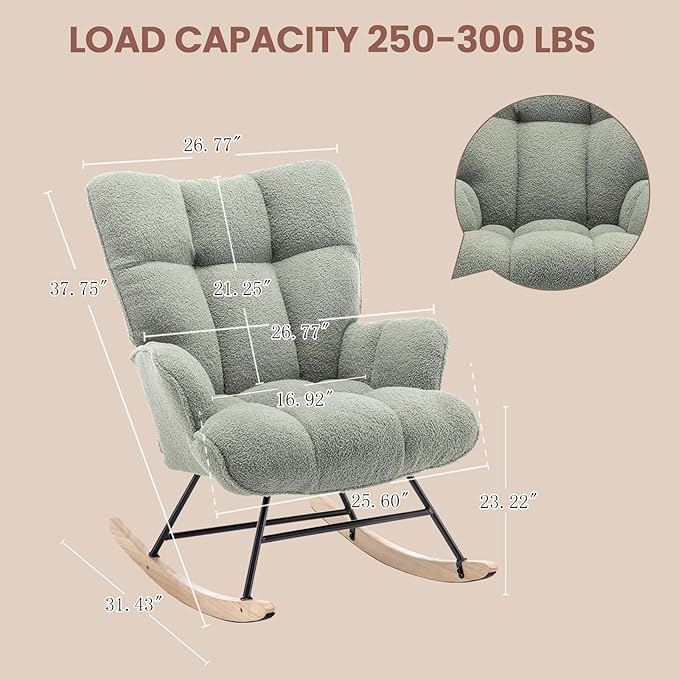Rocking Chair Nursery Teddy Upholstered Glider Rocker Rocking Accent Chair Padded Seat with High Backrest Armchair Comfy Side Chair for Living Room Bedroom Offices (Light Green Teddy)