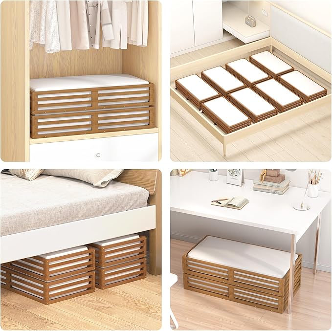 Wisuce Bamboo Under Bed Storage Containers- Underbed Organizer with Wheels with Large Dust Bag,Sturdy Wood Rolling Under the Bed Shoe Storage Organizer Drawer 2 Packs (Walnut, Long)