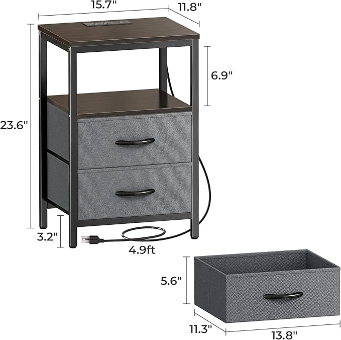 Huuger Nightstand with Charging Station, Fabric Drawers, End Table with Open Shelf, Bedside Table with USB Ports and Outlets, Night Stand for Bedroom, Walnut