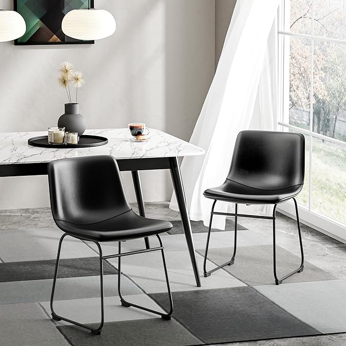 Dining Chairs Set of 6, 18 Inch Kitchen Chairs with Back, Faux Leather Armless Dining Room Chairs with Metal Legs for Home, Bistro Coffee Shops (Black)