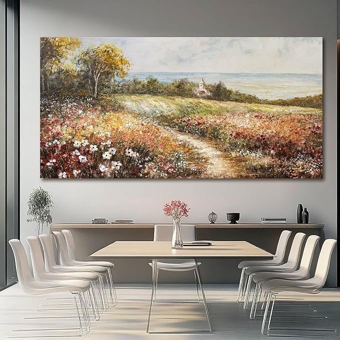 YETHEN WAL Floral Country Meadow Canvas Wall Art – Extra Large Cottage Landscape Panoramic Print, Rustic Farmhouse Countryside Décor for Living Room Bedroom, 29×58 Inch