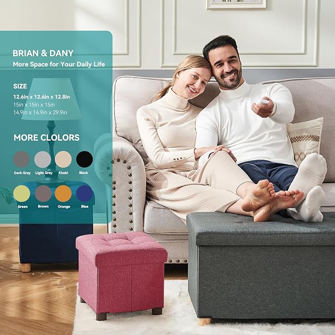 BRIAN & DANY Ottoman with Storage, Small Storage Ottoman for Dorm, Linen Folding Ottoman Foot Stool with Legs for Living Room and Bedroom, 15"x15"x15" - Hot Pink