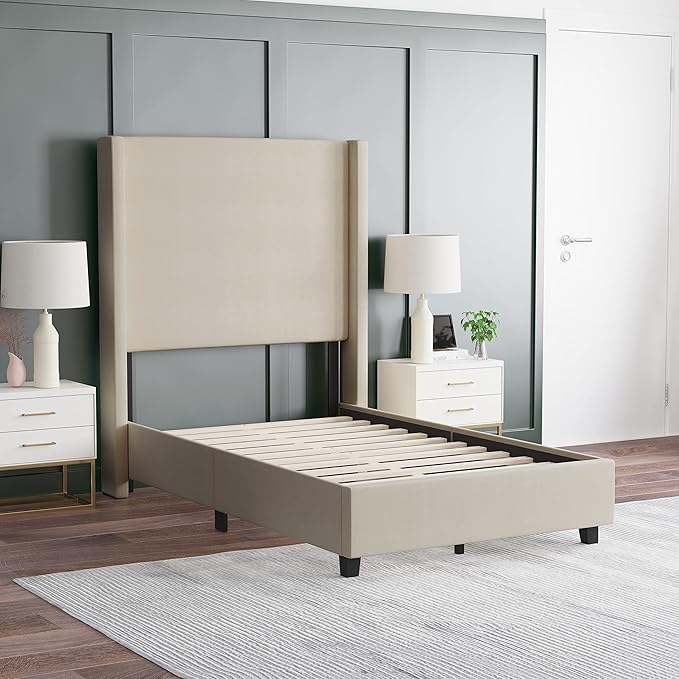 EMMA + OLIVER Nora Twin Size Faux Linen Upholstered Platform Bed with Plush Padded Wingback Headboard (No Box Spring Needed), Modern Upholstered Headboard Twin Bed Frame, Beige