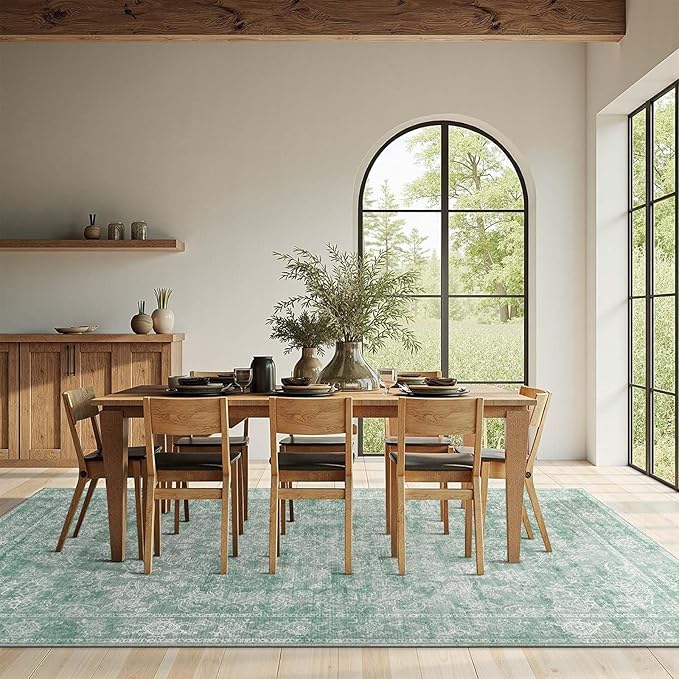 jinchan 6x9 Machine Washable Area Rugs for Living Room – Vintage Floral Soft Stain Resistant Low Pile Rug, Non Slip Ultra-Thin Carpet for Bedroom, Dining Room, Home Office, Nursery (6'x9', Green)