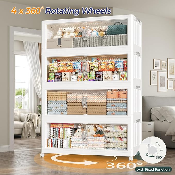 800QT Plastic Stackable Storage Bins with Lid, 200GAL Extra Large Collapsible Box with Wheels Clear Door, Foldable Closet Organizer Container Cabinet Drawer for Home Kitchen，5Pack, White