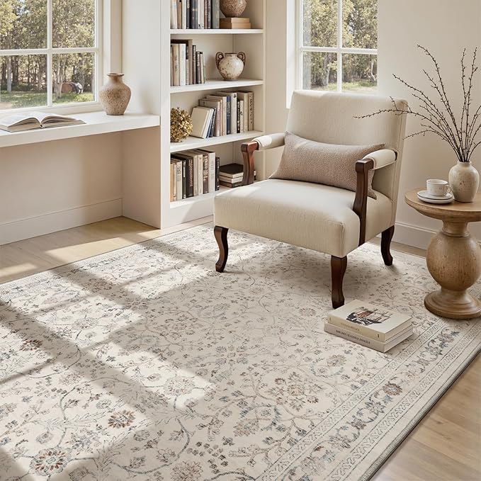 MontVoo-Vintage Area Rug 3x5 Beige Rugs for Living Room-Soft Distressed Printed Rugs for Bedroom-Non Slip Carpet-Machine Washable Rug for Dining Room Living Room Bedside Office