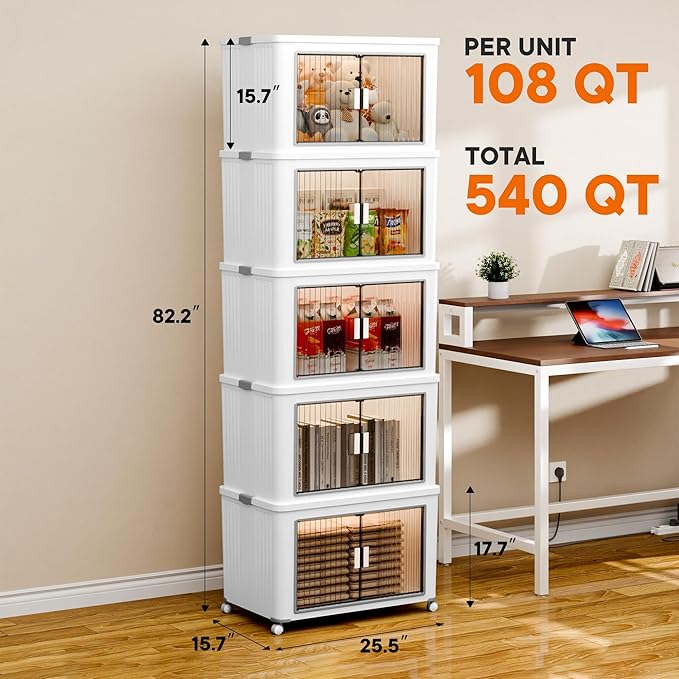 5 Tier 540 Qt Storage Bins with Lids - Stackable Storage Bins, Large Plastic Storage Boxes for Toy, Closet, Open Front Storage Bin with Wheels Suitable for Garage, Bedroom, Living Room, Camping