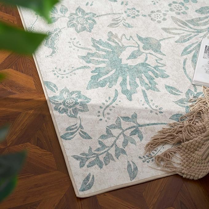 jinchan Torino Runner Rugs 3x10 Vintage-Inspired Floral Design Machine Washable Non-Slip Ultra-Thin Low-Pile Rubber Backing Traditional Rug for Kitchen Hallway Laundry Room Entryway Turquoise
