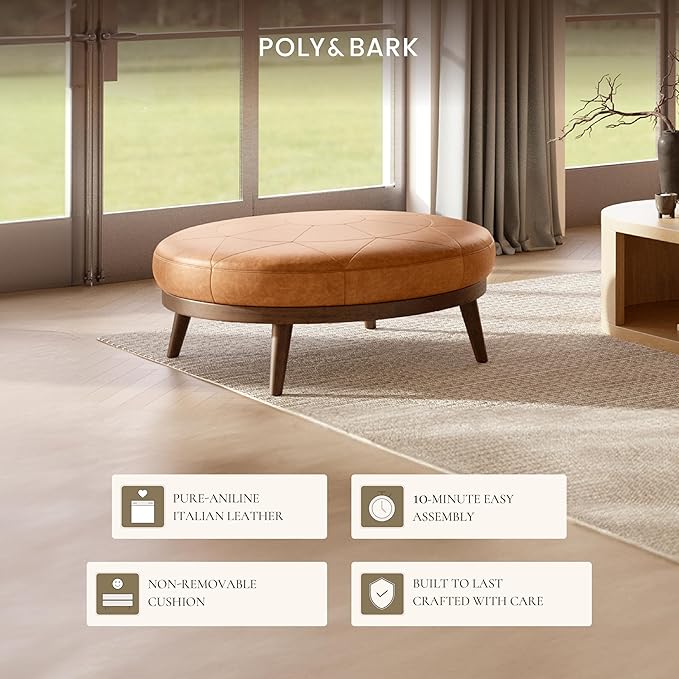 POLY & BARK Gio Ottoman – 30” Round with Feather-Down Topper – Full-Grain Leather Upholstery – Couch Ottoman for Living Room – Vintage Italian Leather in Cognac Tan