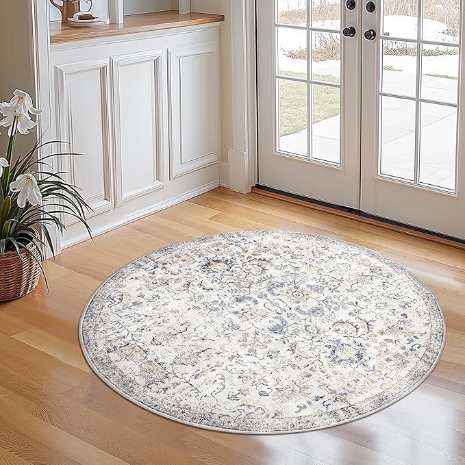 jinchan Kalen Round Rug 4ft Area Rug Washable Vintage Indoor Retro Accent Entryway Floor Cover Distressed Floral 4' Round Circle Boho Non Slip Thin Carpet for Bedroom Living Room Dining Room Blue