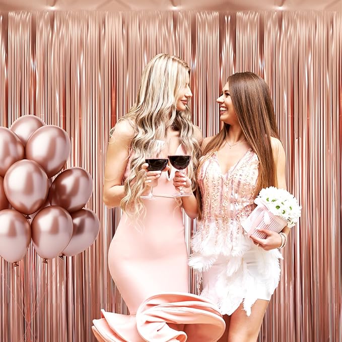 GOER 3.2 ft x 8.2 ft Metallic Tinsel Foil Fringe Curtains for Party Photo Backdrop Wedding Decor (4 Pcs,Matte Rose Gold), One Size