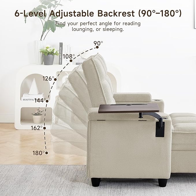 70.9" Chaise Lounge Chair Indoor, Oversized Boucle Upholstered Sofa Bed, Adjustable Backrest Deep Seat Reading Chair, Sofas Couches for Living Room with Storage, Cup Holders & 360° Swivel Side Table