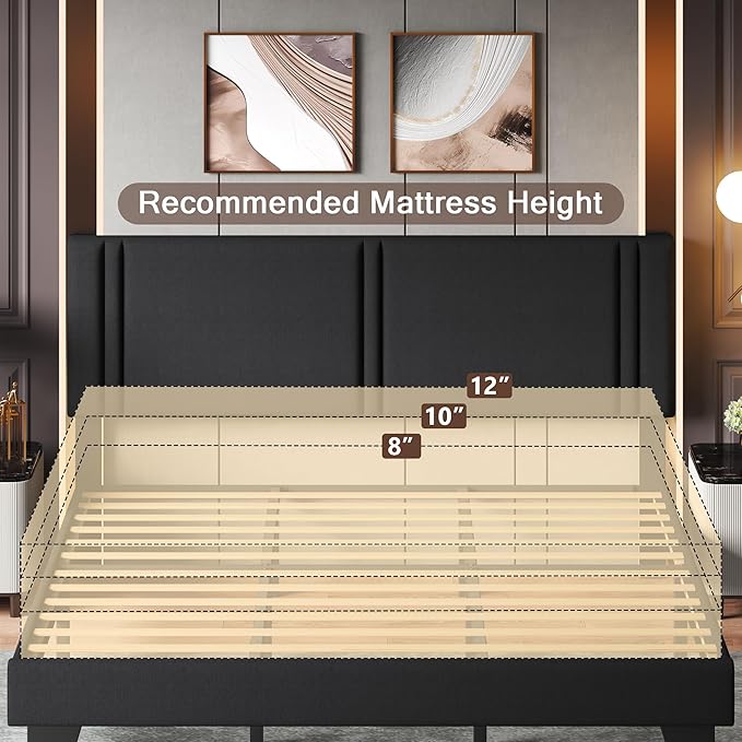 Upholstered King Size Bed Frame with Linen Fabric Headboard, Strong Wooden Slats Support, Noise Free, No Box Spring Needed, Black