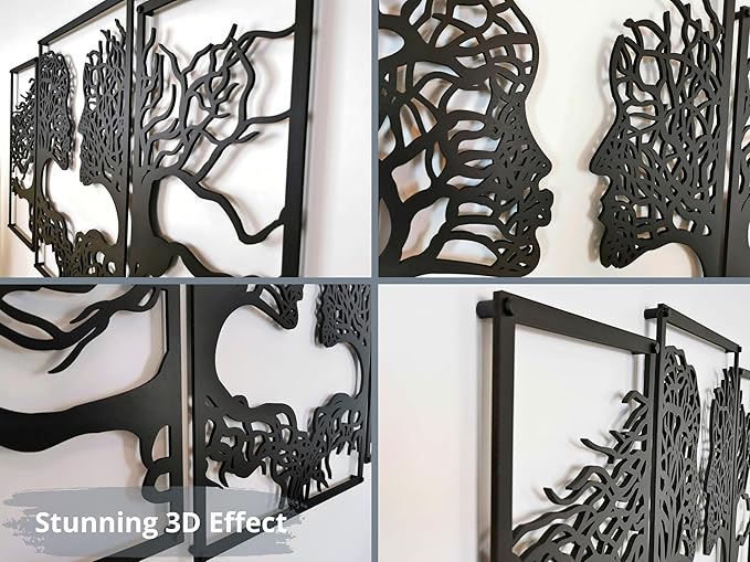 VAILLA Tree of Life Wall Wooden Art Abstract Tree Man Woman Face Large 3D Wooden Wall Decor Set of 3 Hanging Sculpture Modern Home Decoration 3D Textured Sculptures for Living Room Bedroom Office Dinnig Room (71"L x 39"W)