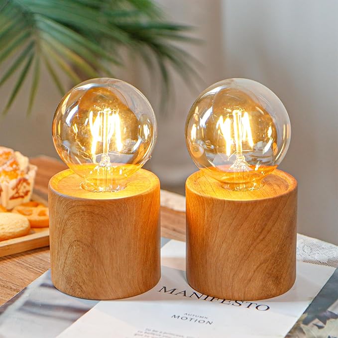 JHY DESIGN Set of 2 Wood Grain Table Lamp 6.5" Tall Cordless Lamp Light with Edison Style Bulb and 6 Hours Timer Battery Operated Lamp Great for Living Room Weddings Parties Patio Indoors Outdoors