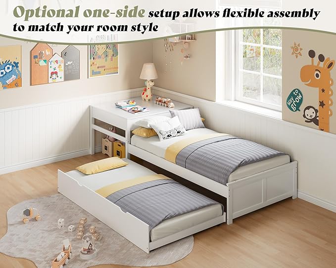 AMERLIFE L-Shaped Twin Trundle Bed with Flip-Top Storage Desk, Space-Saving Solid Wood Platform Bed Frame, White Finish, Multi-Functional Twin Bed for Kids and Families