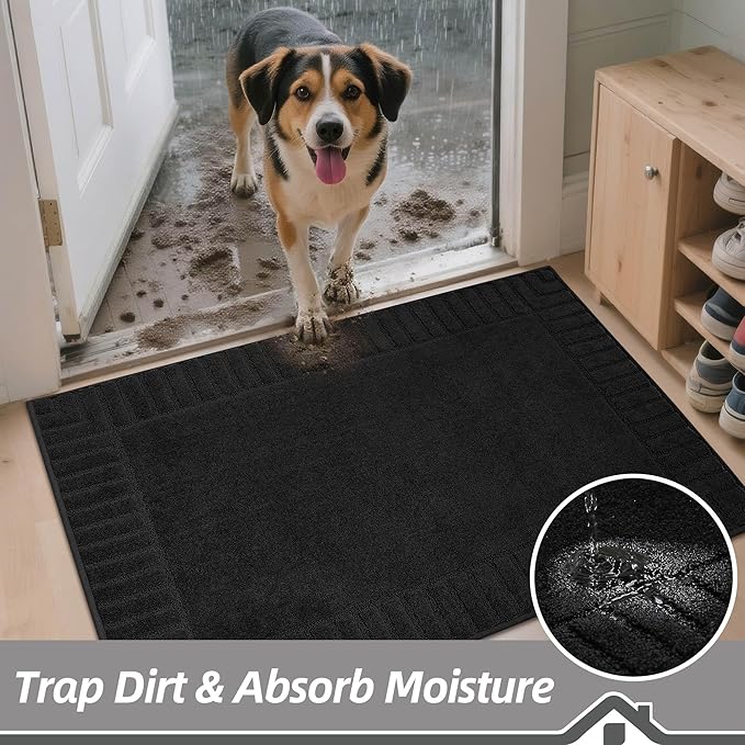 BEQHAUSE Door-Mat-Non-Slip Dirt Trapper Door Mats Low-Profile Front Door Mat Absorbent Floor Mats for Entryway Washable Mud Resistant Home Entrance Doormat,Black,24"x36"
