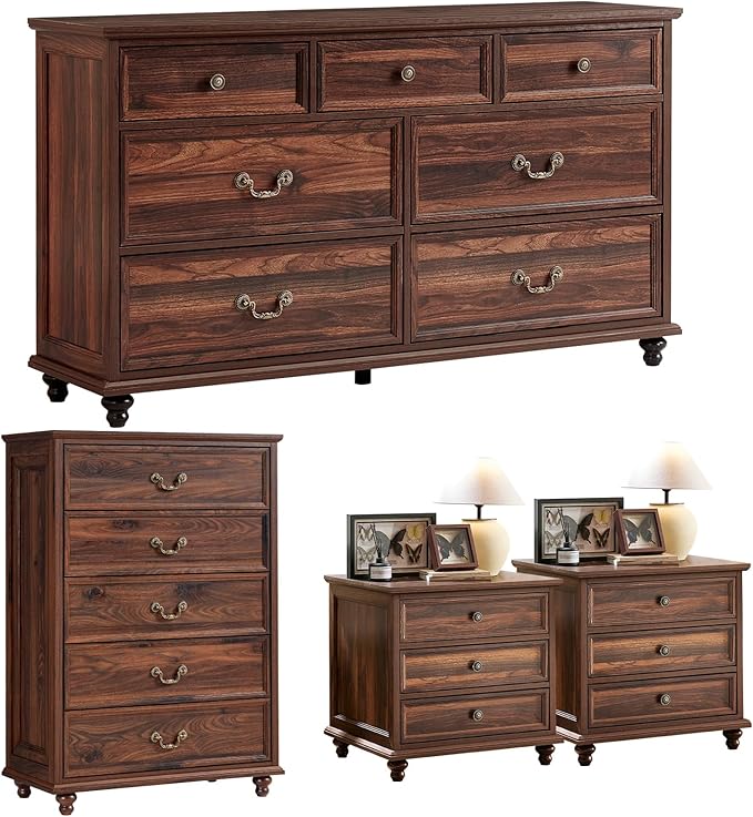 24" Wide Farmhouse Nightstand Set of 2, 54" 7 Drawers Dresser, 45" Tall Rustic Chests of 5 Drawers w/ 4 Solid Wood Feet, Farmhouse Furniture Series for Living Room,Bedroom,Brown