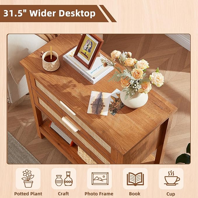 LEYAOYAO 31.5" Wide Rattan Night Stand, Large Boho Nightstand, Bedside Table with Storage, Tall Bed Side End Tables, Chest of Drawers for Bedroom, Living Room, Hallway（Brown,2 Drawers,2）