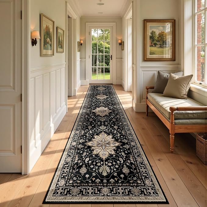 Area Rugs 2'6''x14' Washable Non-Slip, Floral Vintage Distress Print Pattern Medallion Carpet for Living Room Bedroom Dining Room, Black Brown Neutral Dark Tan