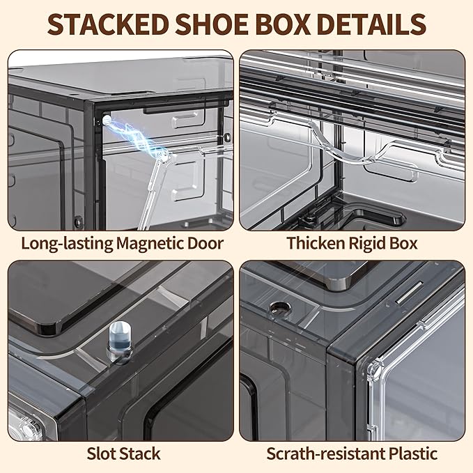 10 Pack XX Large Shoe Organizer, Heavy-Duty Hard Thicken Plastic Clear Stackable Shoe Storage Box Organizer for Closet, Space-Saving Shoe Rack Display Case Bin Containers for Sneakers, Grey