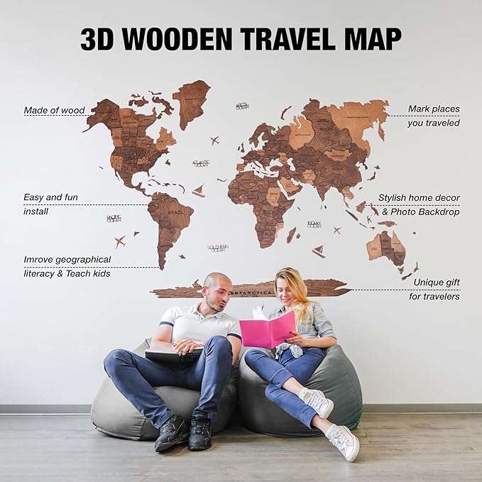 Handmade 3D Wood World Map Wall Art Large Wall Decor Track Your World Travels - Special for Home, Kitchen and Office (Large, Oak)