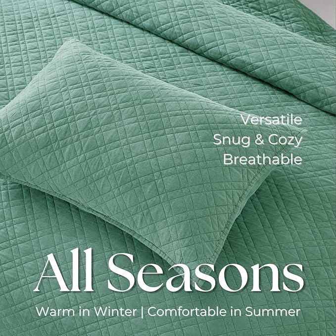 Cali King Quilt Set with Shams Lightweight Quilted Bedspread Coverlet Thin Comforter Bed Cover Vintage Washed Quilted Blanket for All Season, Brushed Microfiber Diamond Stitching, Green, 111"x92"