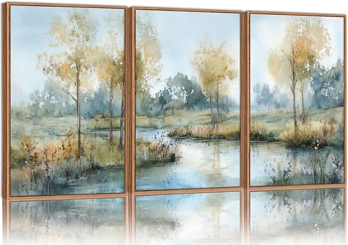 Yeehomedec Large Vintage Neutral Nature Framed Canvas Wall Art, Mid Century Modern Fall Wall Decor, Wilderness Landscape Art Painting, Rustic Country Trees Artwork for Living Room Bedroom Office 16"x24"x3