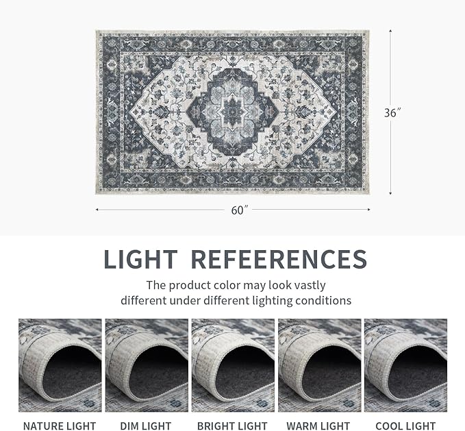 3x5 Vintage Washable Area Rug for Living Room,Low Pile Non Slip Carpet Non-Shedding Small Area Rug Soft Indoor Stain Resistant Rug Floral Print Mat for Bedroom Dining Room Blue Beige