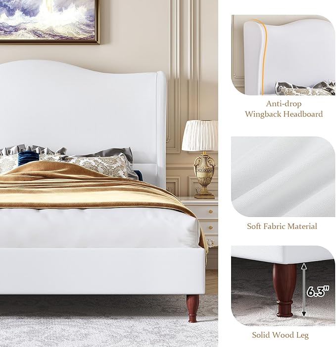 koorlian King Size Bed Frame with 51" Tall Headboard, Fully Upholstered Platform Bed Frame with with Soft Fabric, Sleigh Wingback, Solid Wood Retro Legs, Modern Minimalist Style, Easy Assembly, White