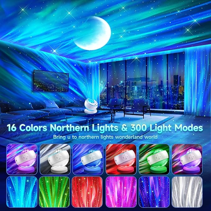 Northern Galaxy Light Aurora Projector with 300+ Light Effects, LED Star Projector for Bedroom Nebula Lamp, Remote Control, 15 White Noises, Bluetooth Speaker Gifts for Kids Adults
