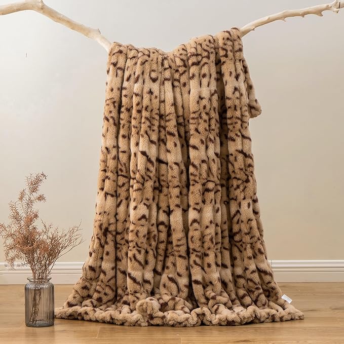 BATTILO HOME Luxury Ruched Faux Fur Throw Blanket Leopard Print, Double Side Soft Warm Rabbit Fur Blanket for Bed, Couch, Fall Throw Blanket for Home Decor, Large Cozy Mink Blanket 60"x80"