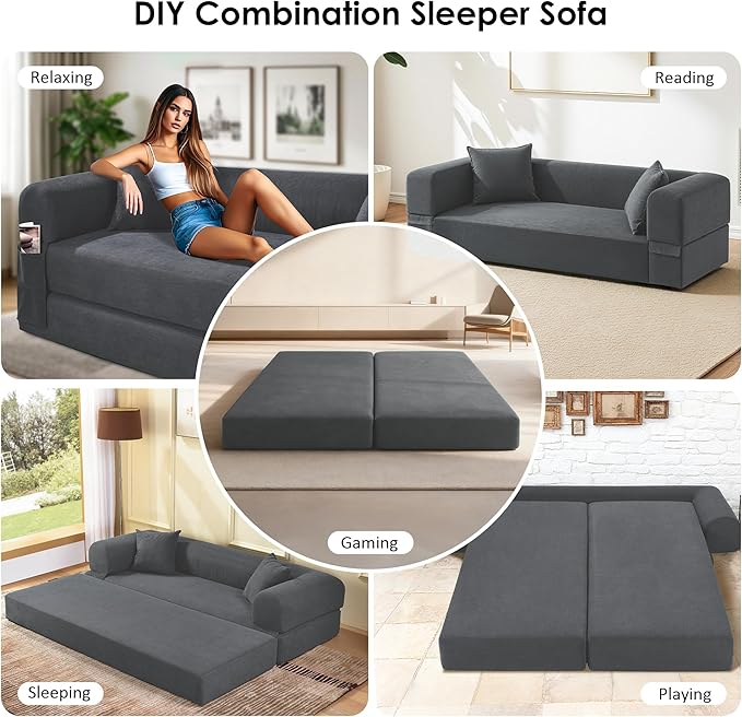 80” Convertible Sofa Bed, Cloud Boneless Couch Floor Sleeper Bed with Pillows, Corduroy Compression Sofa in Box, No Assembly Modular Lounge Couch for Living Room, Smog Gray