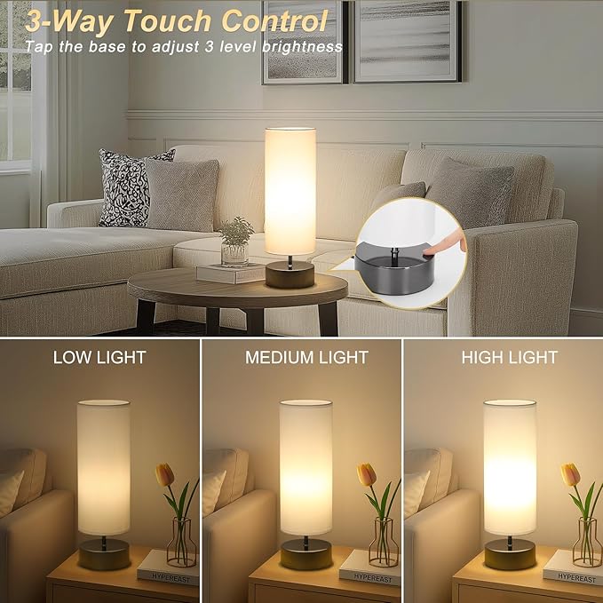 Touch Table Lamp, 3-Way Dimmable Modern Minimalist Accent Bedside Lamp with Cylinder Fabric Shade, Night Light Nightstand Desk Lamp for Bedroom Living Room Kitchen, 9W LED Bulb Included