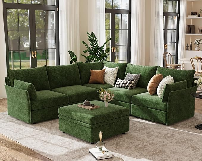 ABCASA 103.5" Oversized Modular Sectional Sofa, L Shaped Convertible Couch with Movable Ottoman, Large 6 Seat Corner Couches for Living Room Deep Seat- Green Chenille