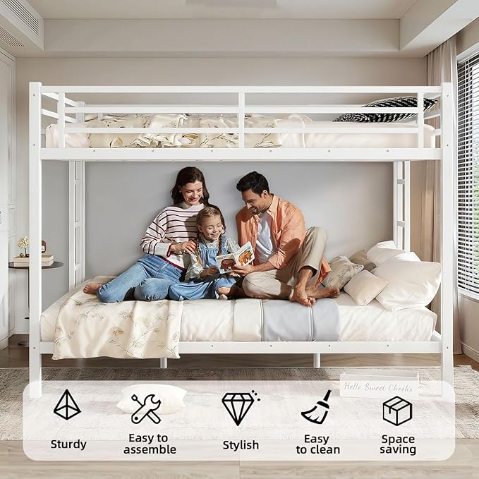 Queen Over Queen Bunk Bed Frame, Heavy Duty Metal Loft Bed for Adults/Teens, 400/600LB Capacity w/Ladder & Guardrail, Noise-Free Steel Slats, No Box Spring Required, White