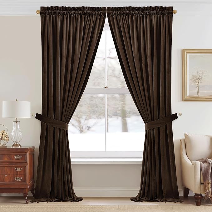 StangH Luxurious Brown Velvet Curtains Room Darkening Window Drapes for Living Room/Bedroom, Soft Thermal Insulated Curtains, Elegant Home Decor, W52 x L105, 2 Panels