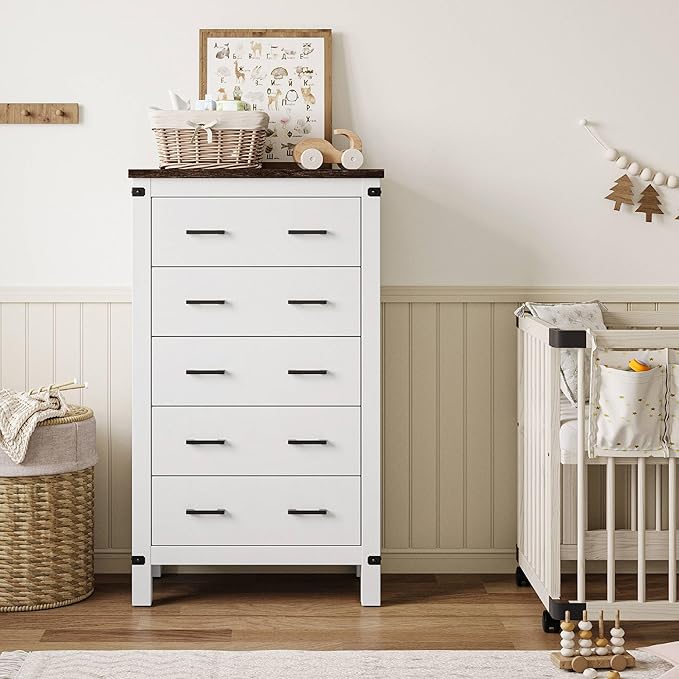 LINSY HOME Farmhouse 5 Drawer Dresser for Bedroom, 46” Tall Rustic Wood Chest with Deep Drawers, Modern Dressers with Spacious Storage and Metal Handles for Closet, Living Room, Hallway, Off White
