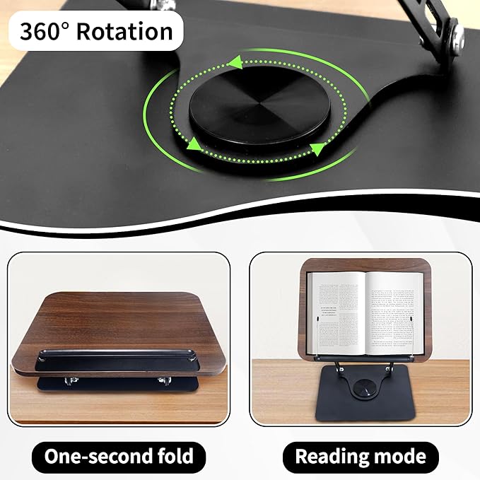 New Upgrade Book Stand for Reading, Book Holder with 360° Swivel Base, Adjustable Height & Angle Cookbook Stand, Foldable Recipe Book Holder for Kitchen, Textbook, Music Stand, Lightweight & Portable
